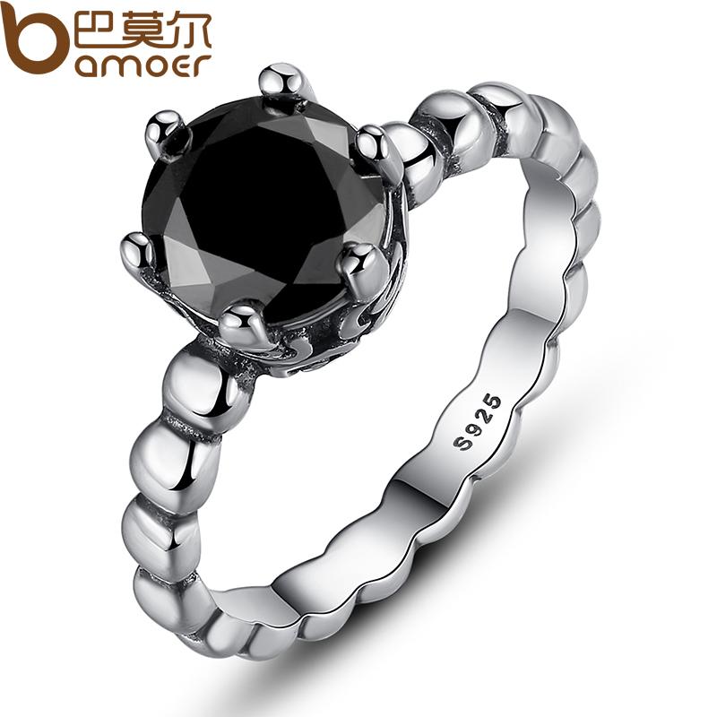 BAMOER Finger Ring with Black Cubic Zirconia Wedding Jewelry PA7205