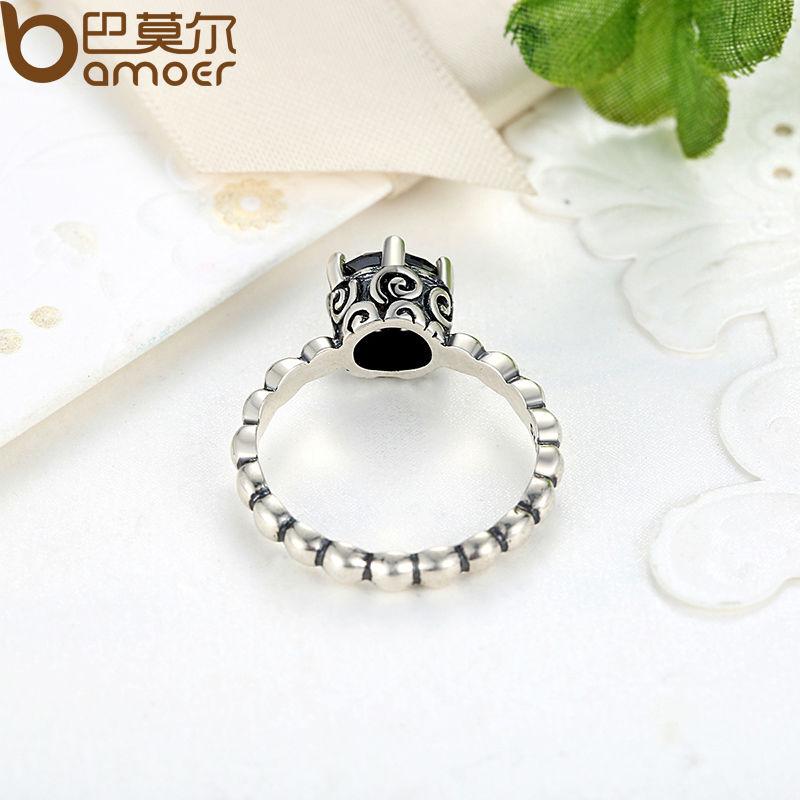 BAMOER Finger Ring with Black Cubic Zirconia Wedding Jewelry PA7205