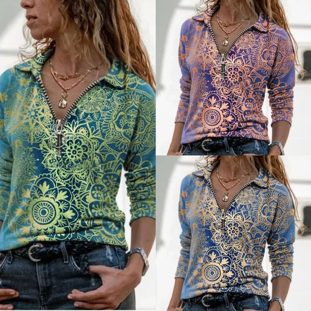 Casual Printed Lapel Long Sleeve Slim Turn Collar Woman T-shirts