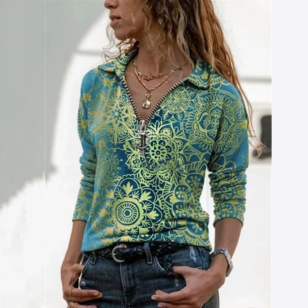 Casual Printed Lapel Long Sleeve Slim Turn Collar Woman T-shirts