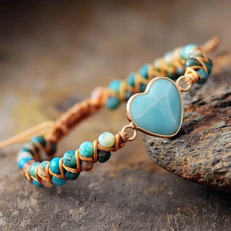 Blue Stone Woven Bracelet With Peach Heart-Shaped Stone