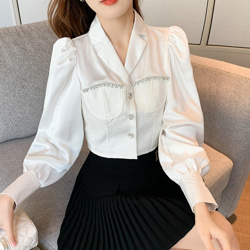 French Temperament Bubble Sleeve White Satin Shirt Woman