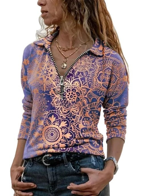 Casual Printed Lapel Long Sleeve Slim Turn Collar Woman T-shirts