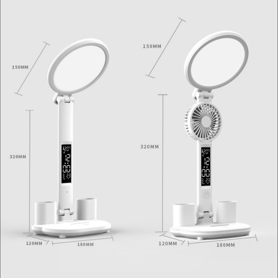 مصباح طاولة بساعة LED قابل لإعادة الشحن USB ومصباح مكتبي قابل للتعتيم ومزود بمصباح LED ومروحة قابلة للطي لحماية العين وإضاءة ليلية للقراءة