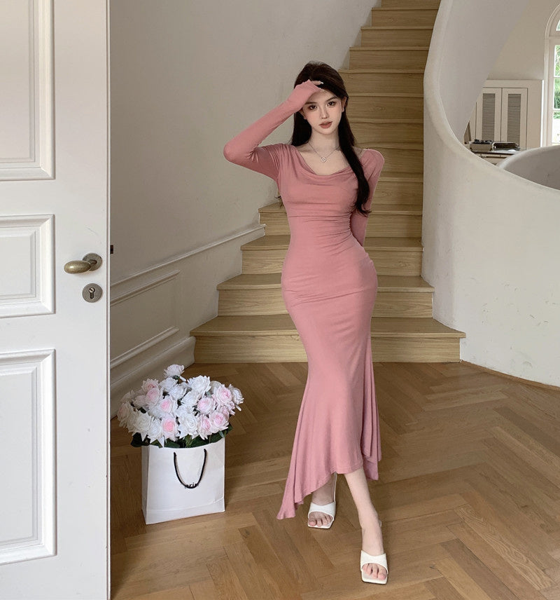 Pink Long-sleeved Dresses Women Temperament Waist