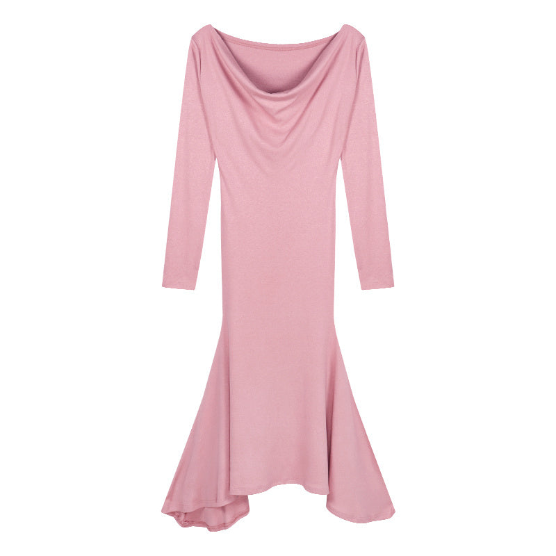 Pink Long-sleeved Dresses Women Temperament Waist