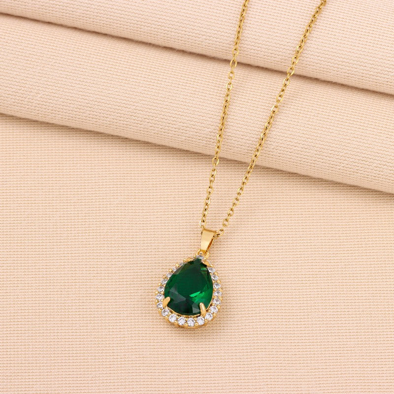 Light luxury retro green zircon crystal water drop pendant titanium steel necklace women's classic stainless steel collarbone