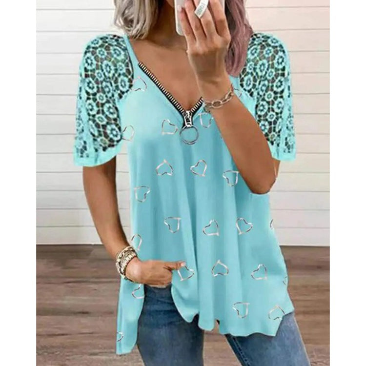 Women's Heart-shaped Pattern Lace Zipper Design T-shirt