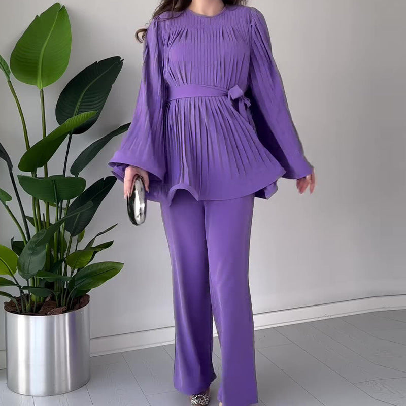 Crew-neck Batwing Sleeve Pleated Large Swing Top Elegant Suit