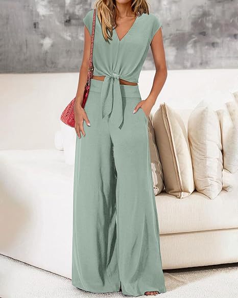 Women's Fashion V-neck Drawstring Short Top Wide Leg Pants Suit