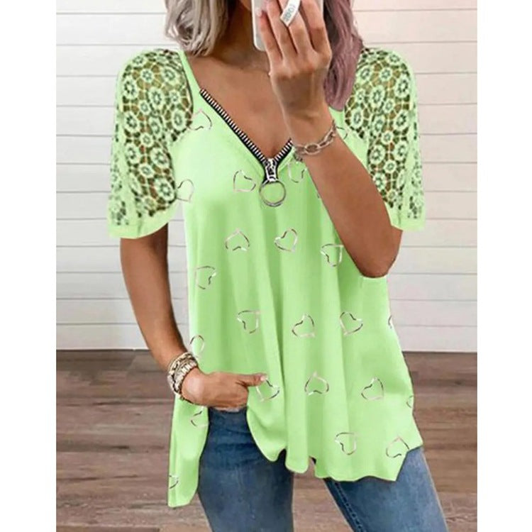 Women's Heart-shaped Pattern Lace Zipper Design T-shirt