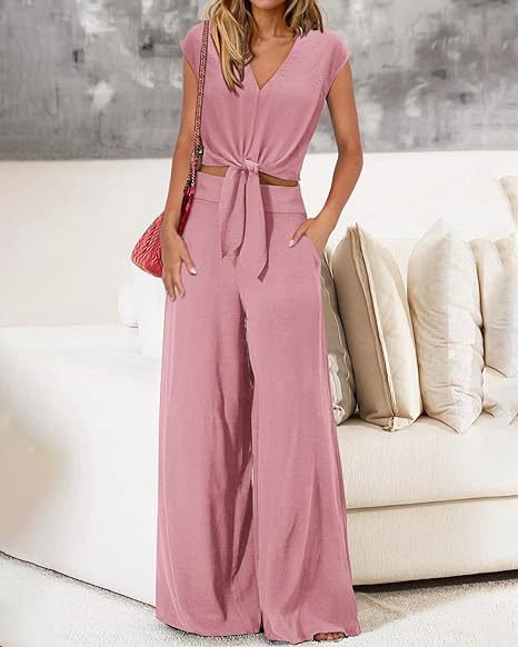 Women's Fashion V-neck Drawstring Short Top Wide Leg Pants Suit