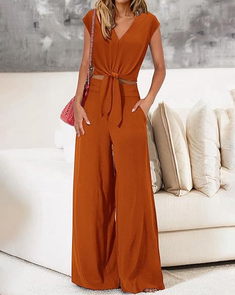 Women's Fashion V-neck Drawstring Short Top Wide Leg Pants Suit