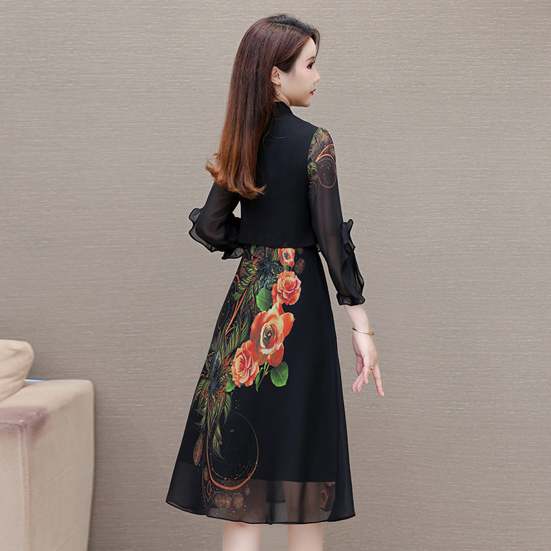 Printed Fake Two Pieces Dress Korean Style Western Style Slim Fit