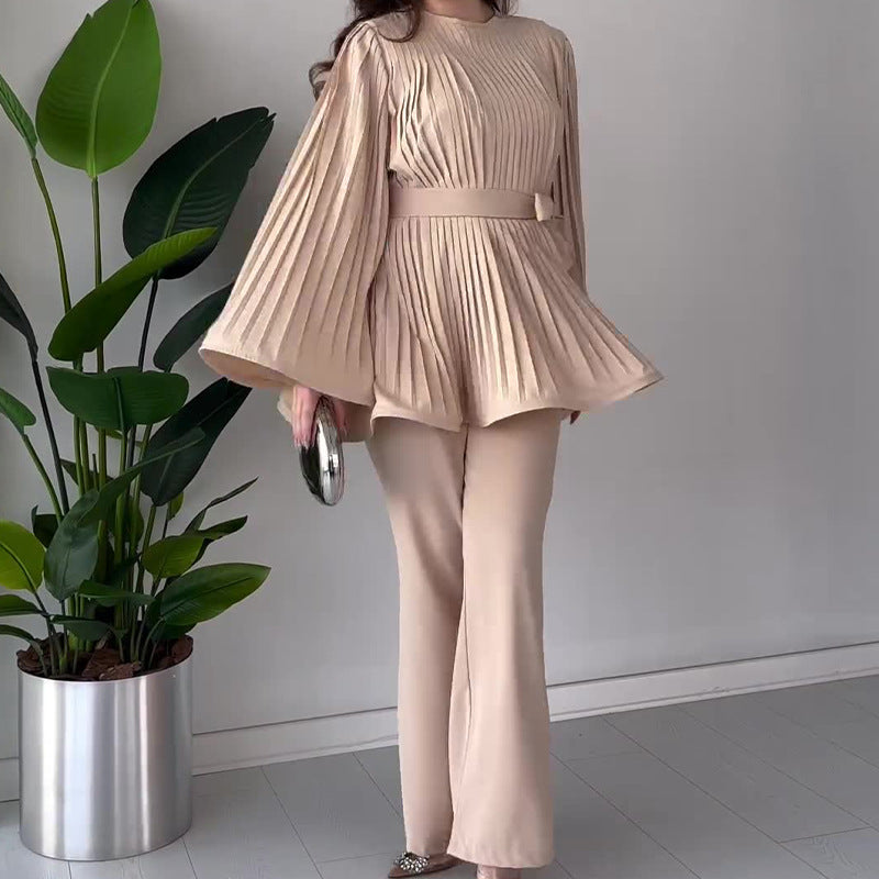 Crew-neck Batwing Sleeve Pleated Large Swing Top Elegant Suit