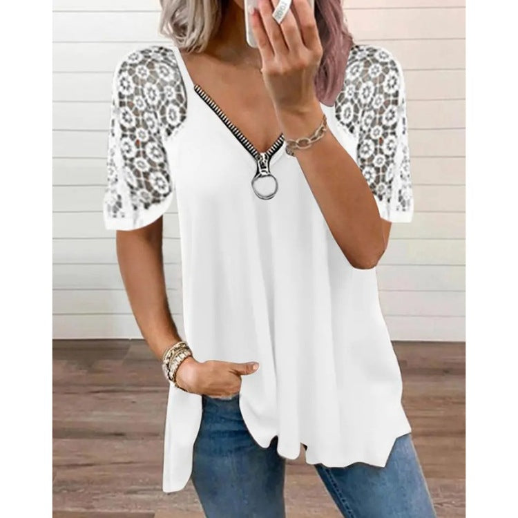 Women's Heart-shaped Pattern Lace Zipper Design T-shirt