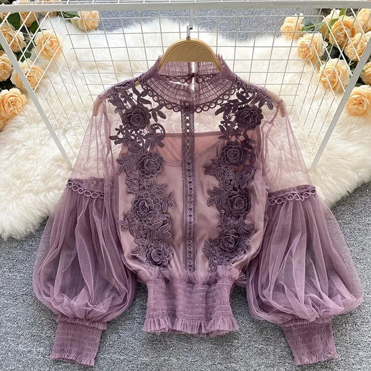 lace puff long sleeve blouse vintage fashion blouses elegant femme blusas korean woman tops women shirts clothing dropshipping