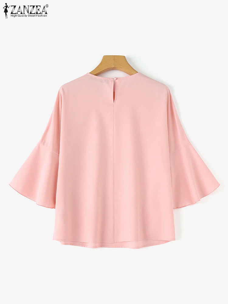 ZANZEA 2024 Office Lady Tunic Summer Women Flare 3/4 Sleeve Blouse Elegant Round Neck Shirt Casual Pearl Stitching Tops Femme