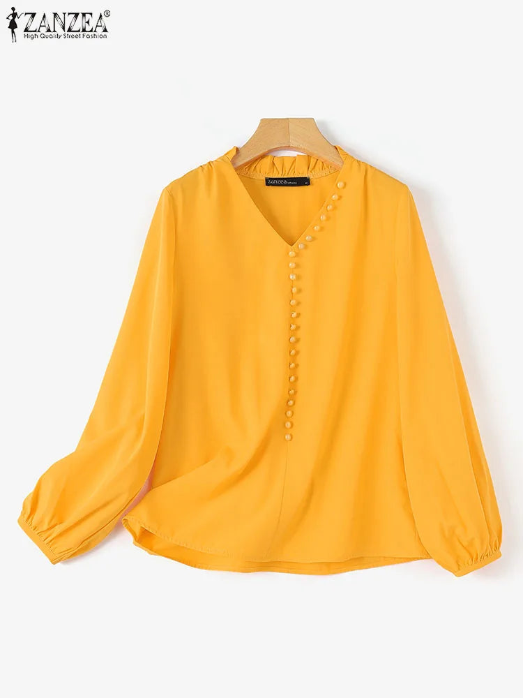 ZANZEA Sexy V-Neck Solid Blouse 2024 Spring Women Office Shirt Elegant Lantern Long Sleeve Tops Casual Loose Korean Blusas Tunic