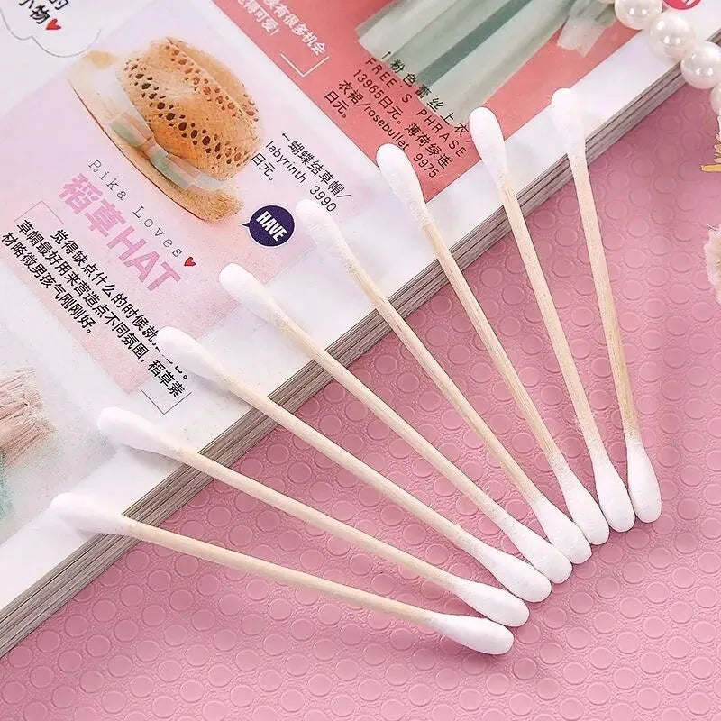 500pcs Double Head Wood Cotton Swab Nose Ears Cleaning Women Makeup Tools Lipstik Cotton Buds Tip Sticks Bastoncillos Oidos