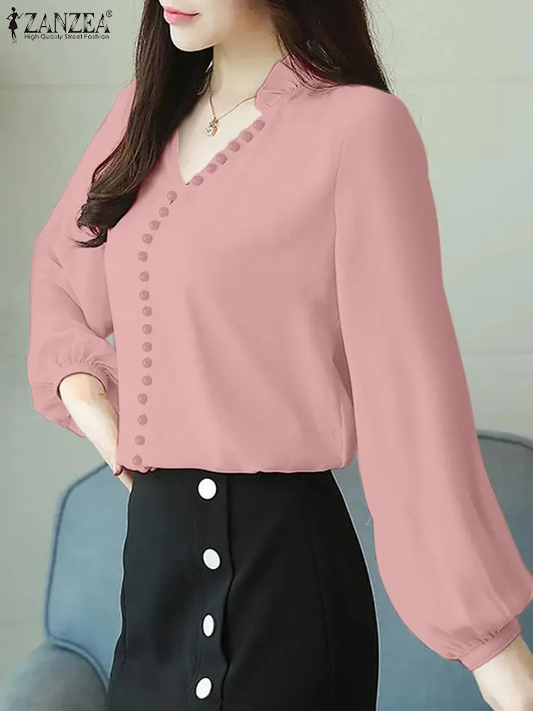 ZANZEA Sexy V-Neck Solid Blouse 2024 Spring Women Office Shirt Elegant Lantern Long Sleeve Tops Casual Loose Korean Blusas Tunic