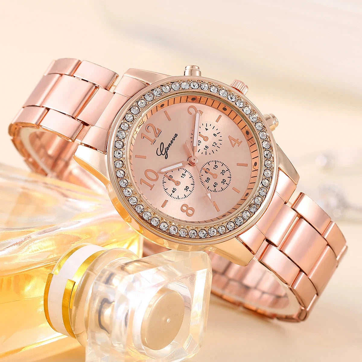 6PCS Set Rose Gold Luxury Watch Women Ring Necklace Earring Rhinestone Fashion Wristwatch Casual Ladies Bracelet Watches