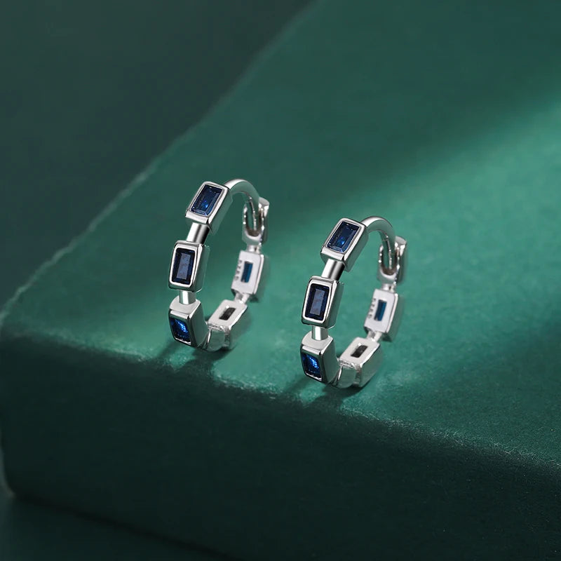 Creative Baguette Sapphire Full Diamond Earrings For Women Blue Geometric Original Sterling Silver Valentine's Day Gift Jewelry