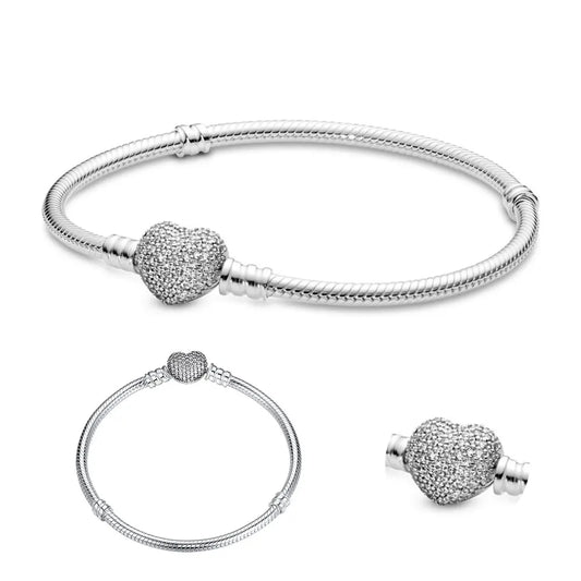 Sparkling Diamond-set Heart Clasp Bracelets For Women White Zircon Fit Original Charm Beads Pendant Jewelry DIY Accessories GIft