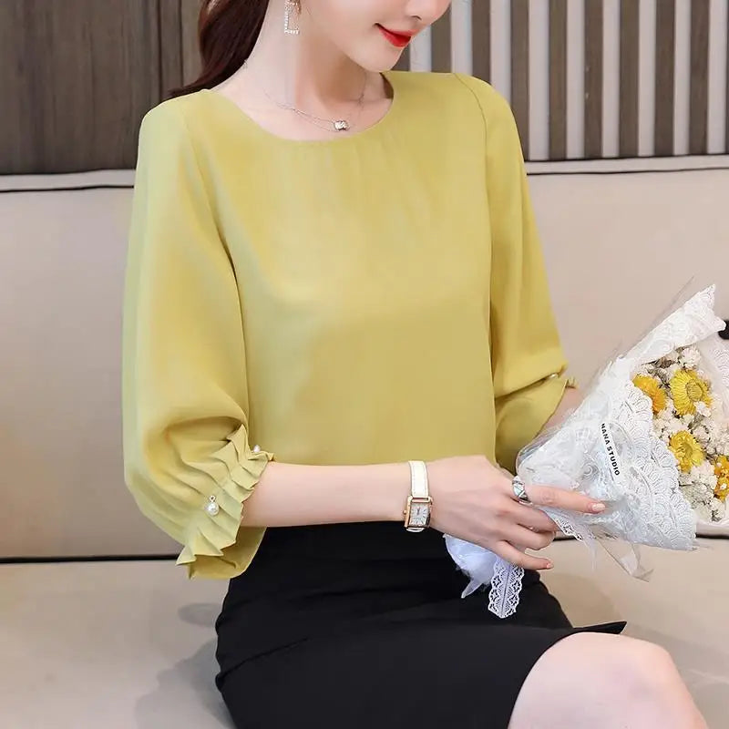 Elegant O-Neck Loose Ruffles Folds Beading Blouse Women's Clothing 2023 Summer New Casual Pullovers Office Lady Chiffon Shirt