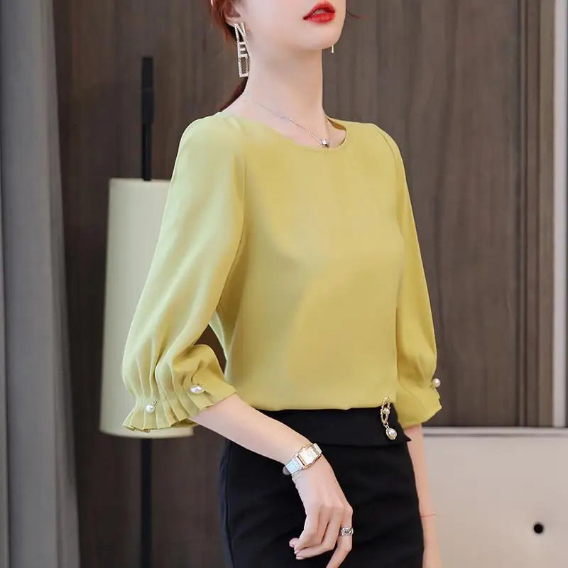 Elegant O-Neck Loose Ruffles Folds Beading Blouse Women's Clothing 2023 Summer New Casual Pullovers Office Lady Chiffon Shirt