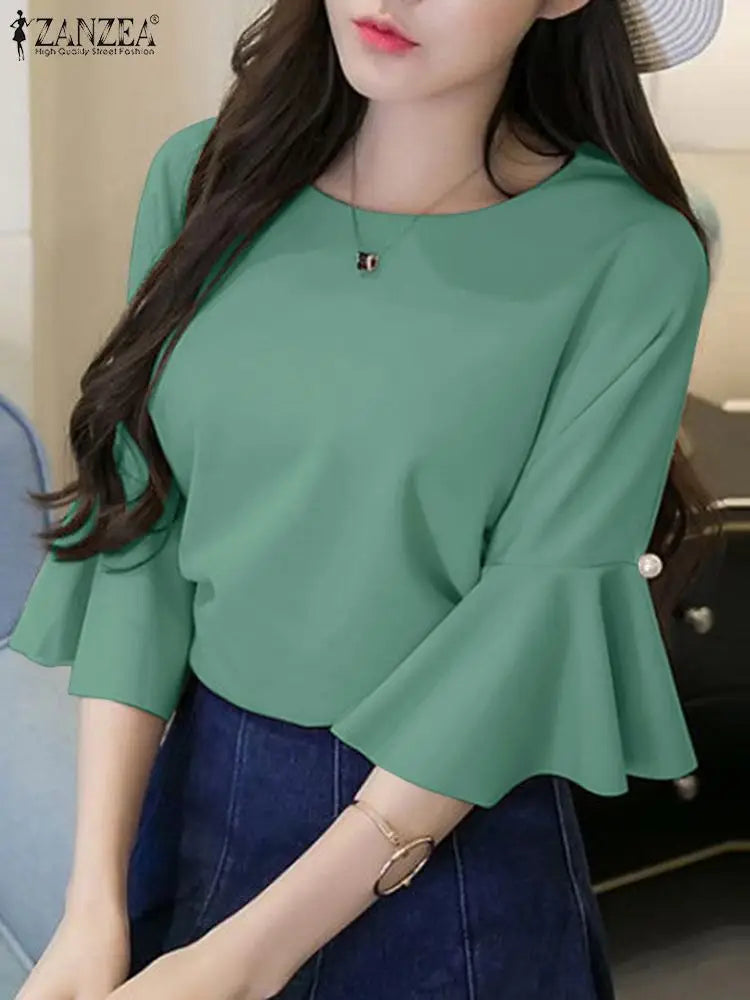 ZANZEA 2024 Office Lady Tunic Summer Women Flare 3/4 Sleeve Blouse Elegant Round Neck Shirt Casual Pearl Stitching Tops Femme