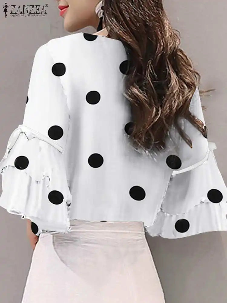 2023 Spring Summer Women Blouses ZANZEA Elegant Polka Dots Printed Half Sleeve Flounce Female Blusas Lace-Up Tunic Casual Tops