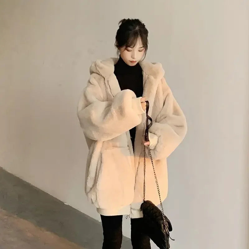 Plush jacket women winter imitation Rex rabbit fur grass mid-length large size loose thick hooded women jacket 2022 ins hot sale