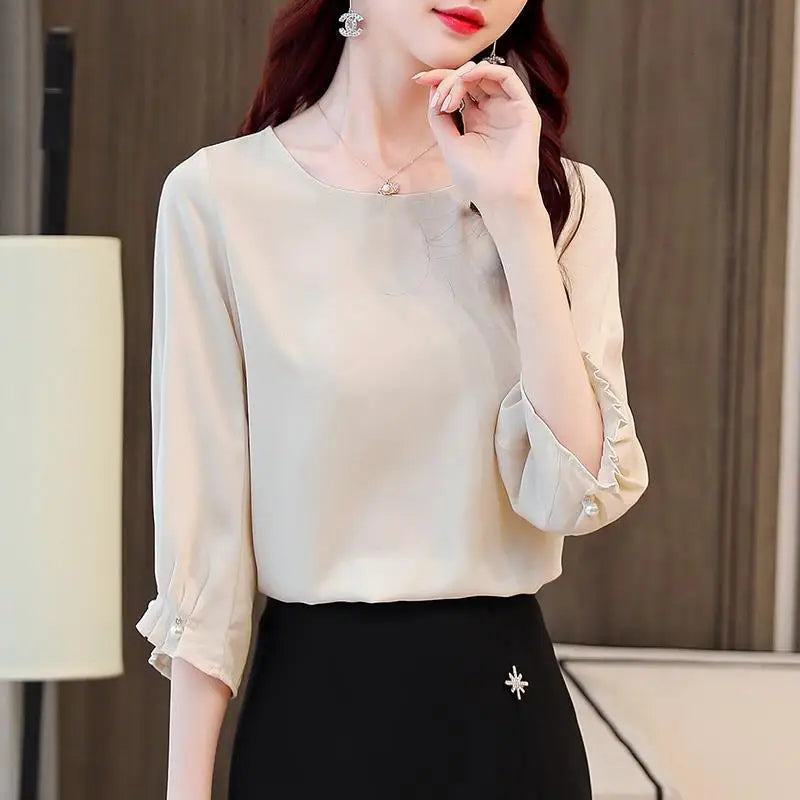 Elegant O-Neck Loose Ruffles Folds Beading Blouse Women's Clothing 2023 Summer New Casual Pullovers Office Lady Chiffon Shirt