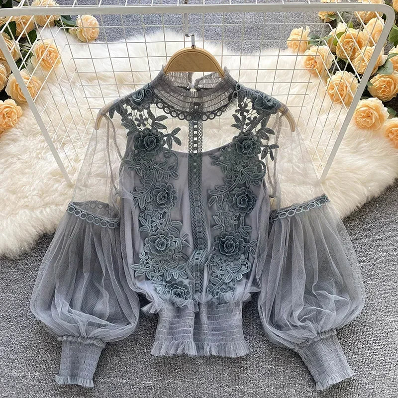 lace puff long sleeve blouse vintage fashion blouses elegant femme blusas korean woman tops women shirts clothing dropshipping