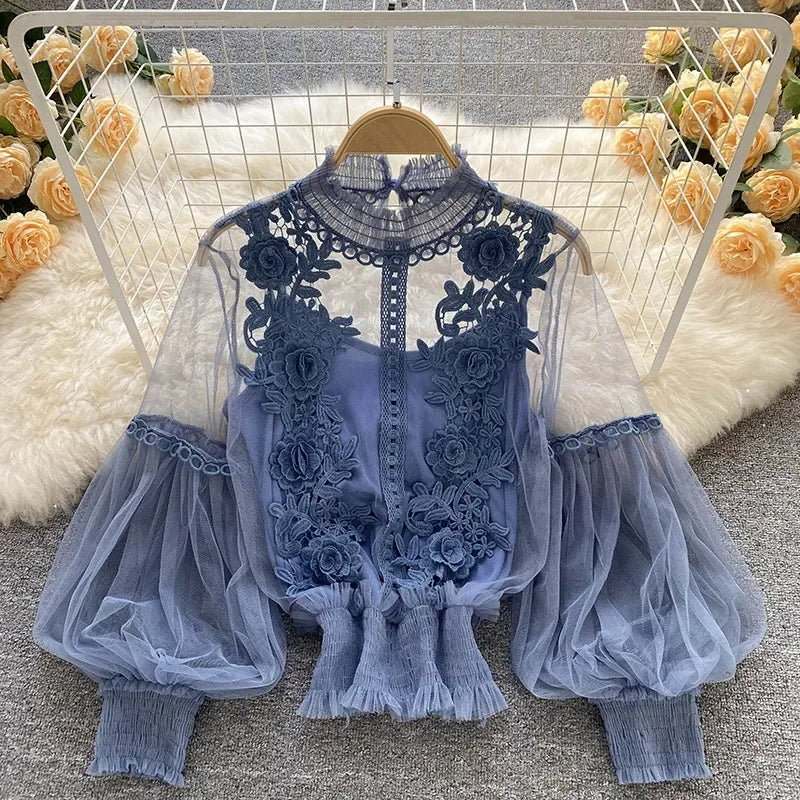 lace puff long sleeve blouse vintage fashion blouses elegant femme blusas korean woman tops women shirts clothing dropshipping