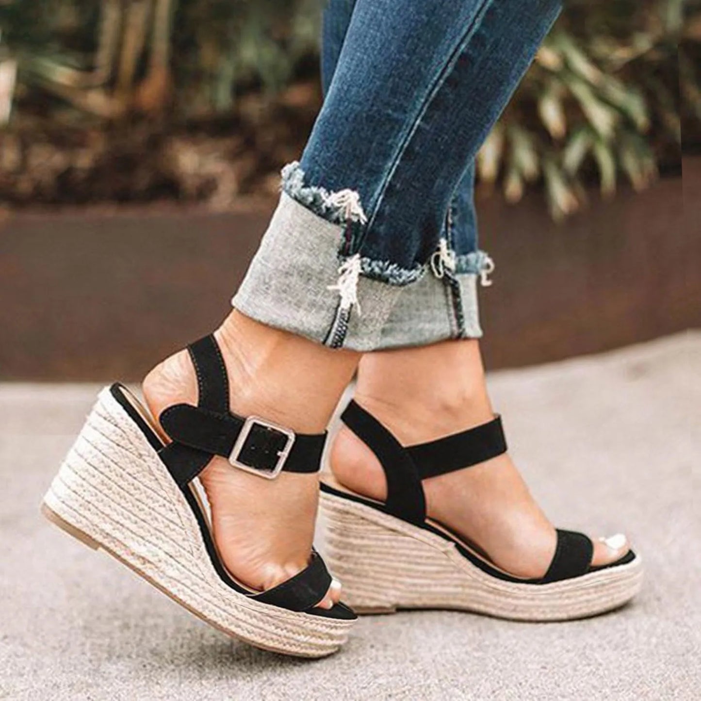 shoes woman 2024 trend Wedge Weaving Toe Buckle Slope Open Heel Summer Size Sandals Women Belt Large Women's sandals Woman shoes