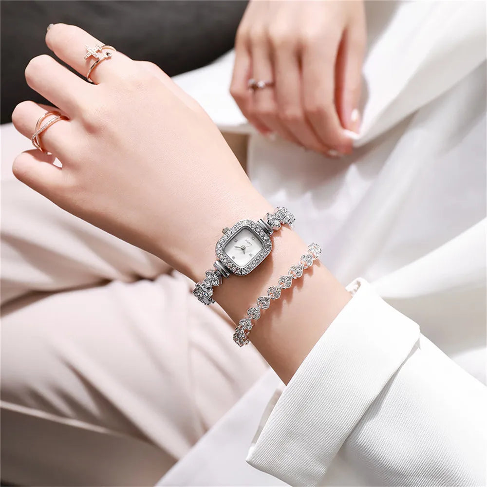 2piece set Ladies Luxury Diamond Set Square Shell Face Quartz Watch Fashion Stainless Steel Bracelet Women's Clock Watches