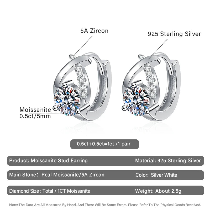 0.5CT 5MM Real Moissanite Hoop Earring with Certificate S925 Sterling Silver Luxury Sparkling Diamond Earrings For Women Jewelry