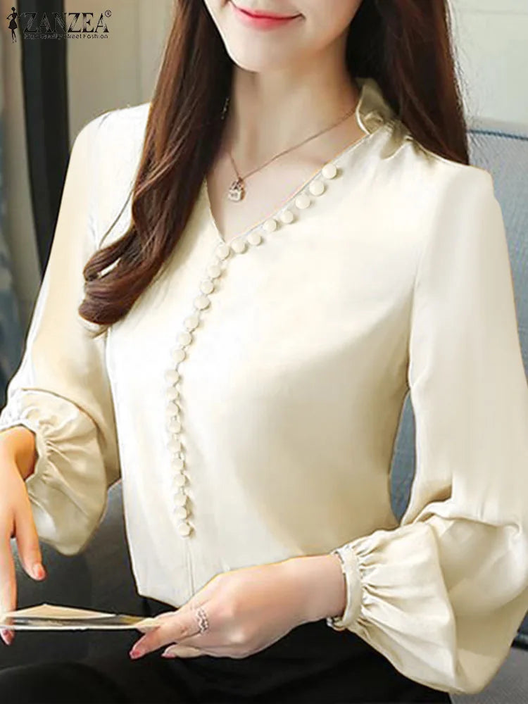 ZANZEA Sexy V-Neck Solid Blouse 2024 Spring Women Office Shirt Elegant Lantern Long Sleeve Tops Casual Loose Korean Blusas Tunic