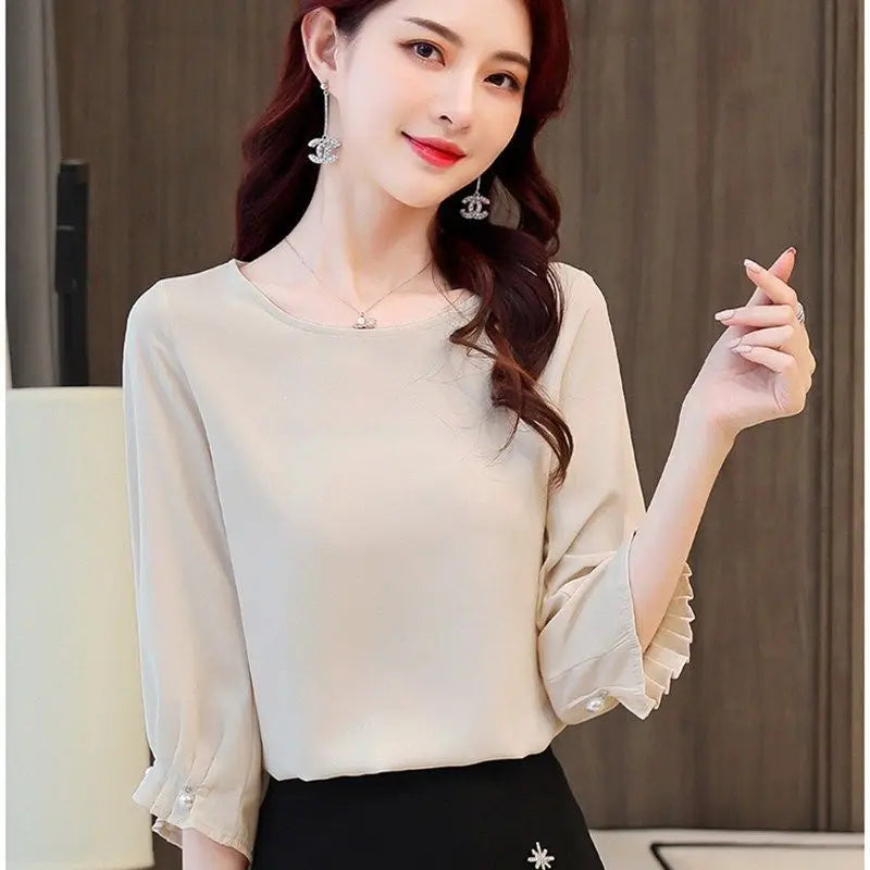 Elegant O-Neck Loose Ruffles Folds Beading Blouse Women's Clothing 2023 Summer New Casual Pullovers Office Lady Chiffon Shirt