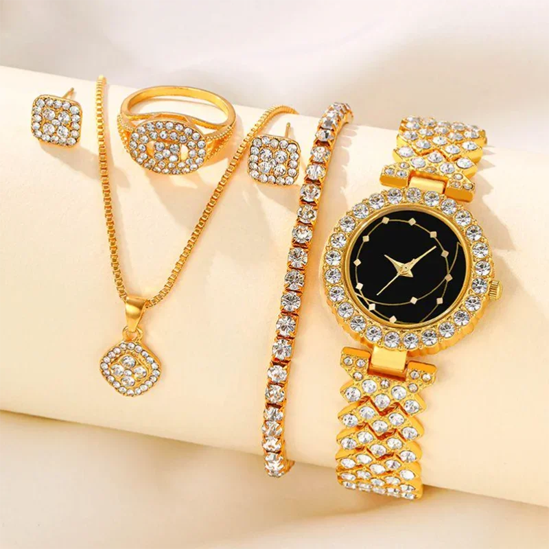 5pcs Women's Quartz Watch Set Stylish Casual WOMEN'S Quartz Watch Necklace Ring Earrings Watch Set