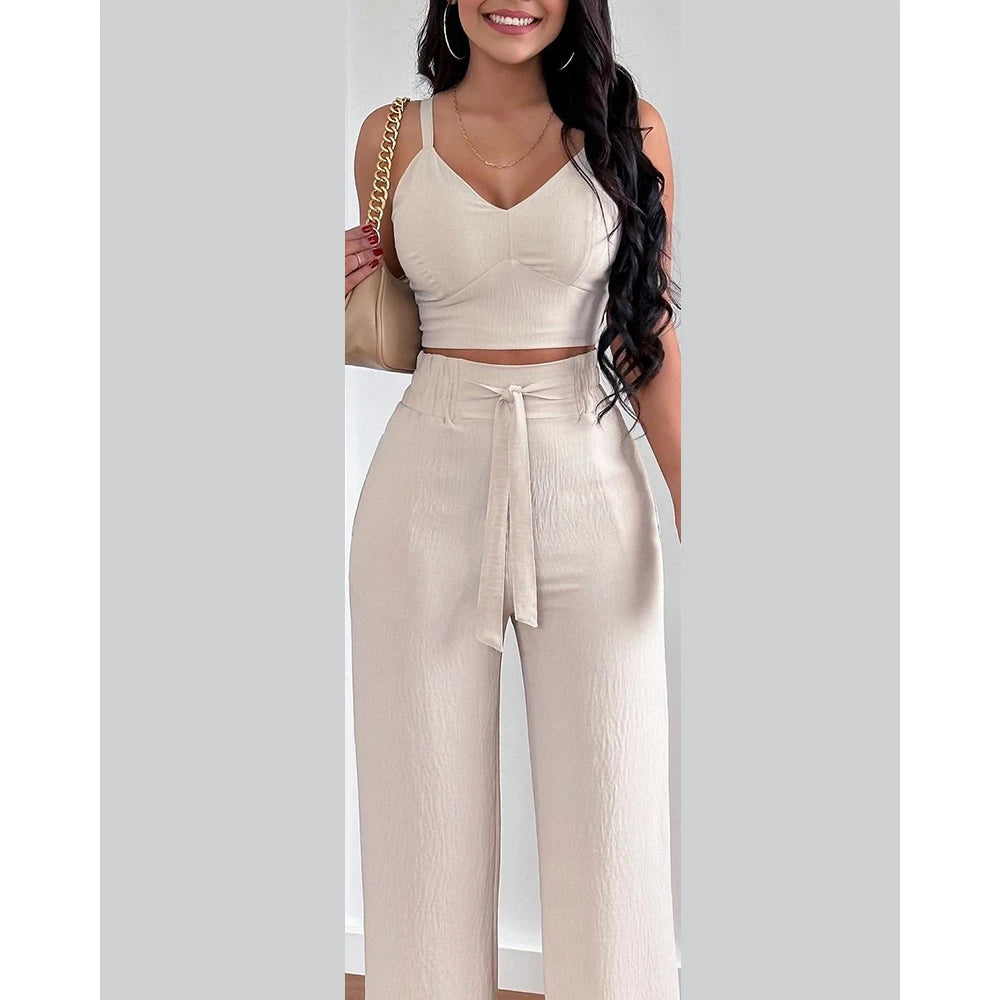 Women Casual Shirred Crop Cami Top & Pocket Design Wide Leg Pants Set Casual 2 Piece Suit Sets Womens Outfits Set Summer Outwear