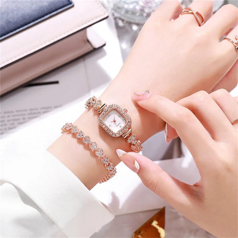 2piece set Ladies Luxury Diamond Set Square Shell Face Quartz Watch Fashion Stainless Steel Bracelet Women's Clock Watches