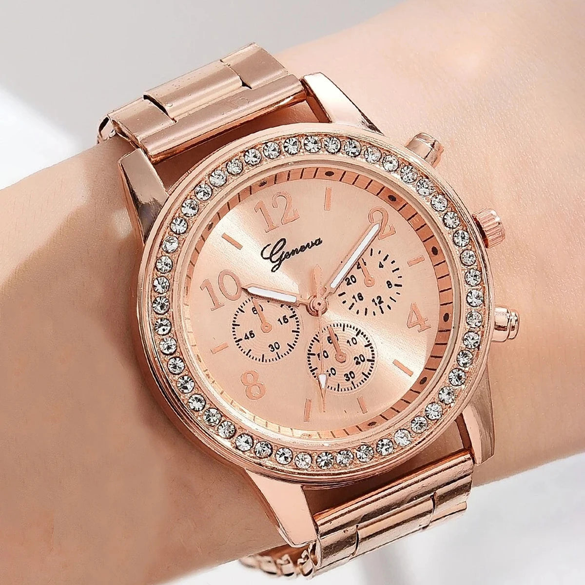 6PCS Set Rose Gold Luxury Watch Women Ring Necklace Earring Rhinestone Fashion Wristwatch Casual Ladies Bracelet Watches