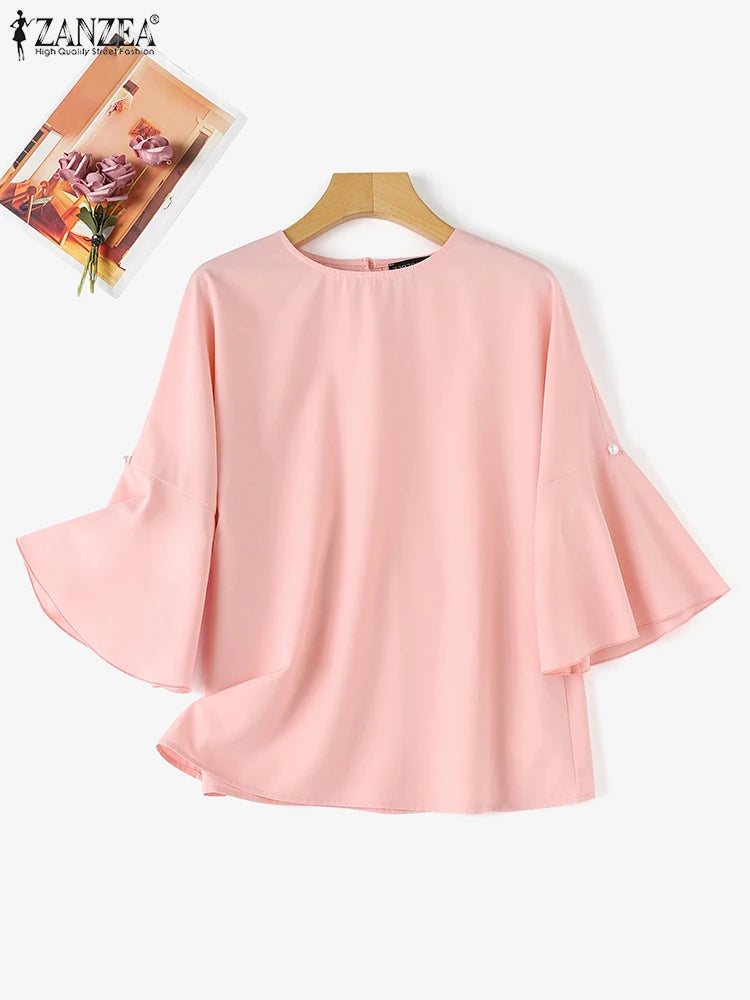 ZANZEA 2024 Office Lady Tunic Summer Women Flare 3/4 Sleeve Blouse Elegant Round Neck Shirt Casual Pearl Stitching Tops Femme