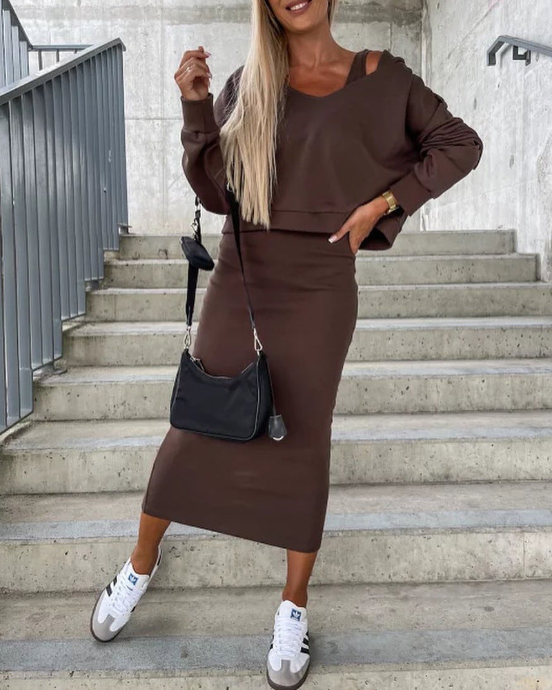 Vest Dress V-neck Hooded Hoodie Short Top Suit