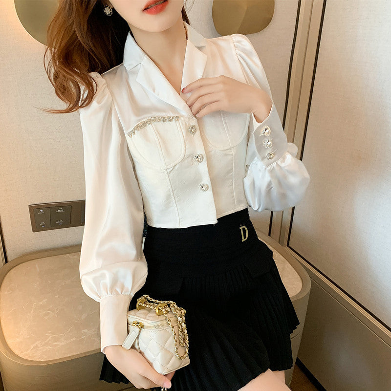 French Temperament Bubble Sleeve White Satin Shirt Woman